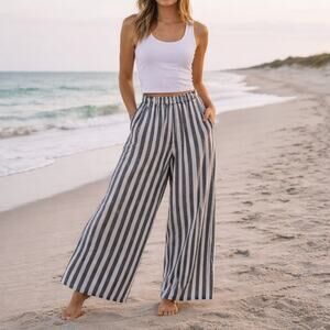 Christian Siriano Linen Striped Wide Leg Pants High Rise Boho Coastal Small